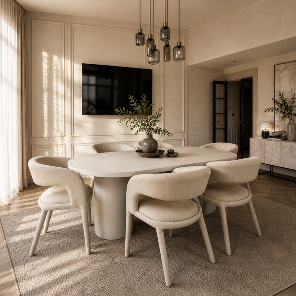 Modern dining room with a white micro cement table and chairs, featuring a television on the wall.