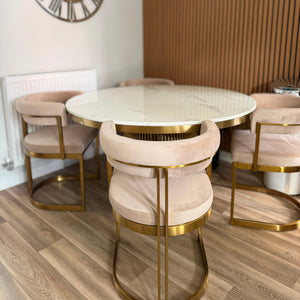 Luca White & Gold Round Marble Dining Table & 4 Sandro Velvet Chair Set