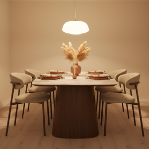 Eton Ceramic Dining Table & Soho Boucle Chair Set | Lush Interiors