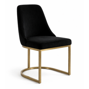 Black upholstered chair with gold metal legs on a white background