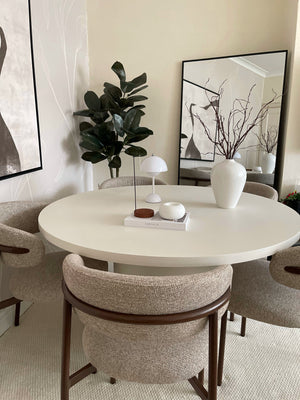 Cloud Round White Micro Cement Table & Soho Walnut Dining Chairs