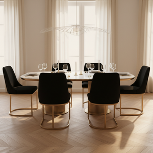 Luca White Marble Dining Table with Faith Black Velvet Gold Chairs Fully Set Front View