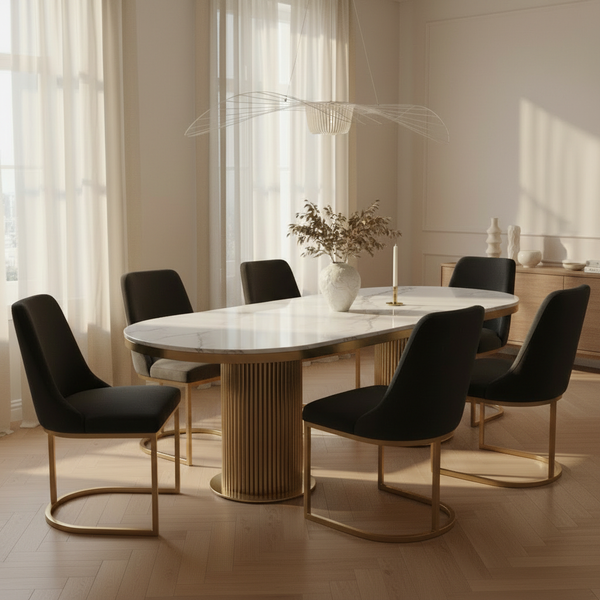 Luca White Marble Oval Dining Table with Faith Black Velvet Gold Dining Chairs - Luxury Dining Set Hero