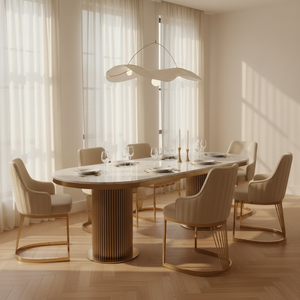 Luca White Marble Dining Table with Lanvin Cream Gold Chairs Fully Set - Front View
