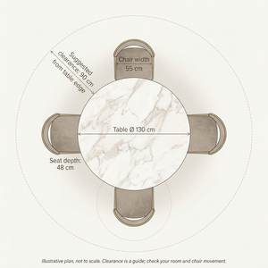 Illustrative overhead plan of the Luca 130 cm round marble dining table with four Sandro chairs. Chair width 55 cm; seat depth 48 cm. Dashed boundary shows suggested 90 cm clearance from the table edge. Not to scale.