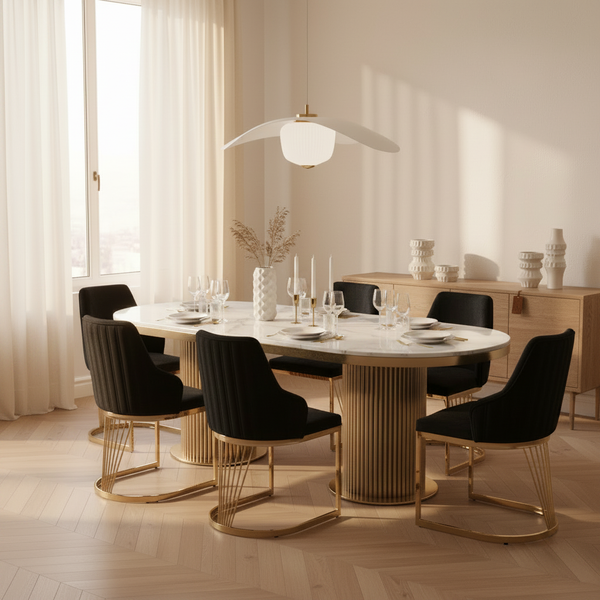 Luca White Marble Dining Table with Lanvin Black Gold Chairs Fully Set - Front View