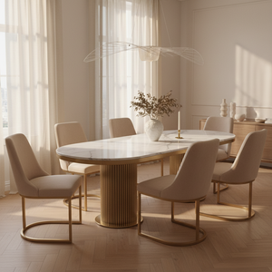Luca White Marble Oval Dining Table with Faith Cream Velvet Gold Dining Chairs - Luxury Dining Set Hero