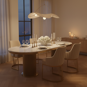 Luca Marble Dining Table and Lanvin Cream Gold Chairs Candlelit Evening Dinner Setting