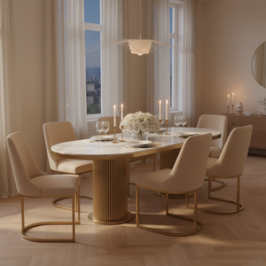 Luca Marble Dining Table and Faith Cream Velvet Gold Chairs Candlelit Evening Dinner Setting