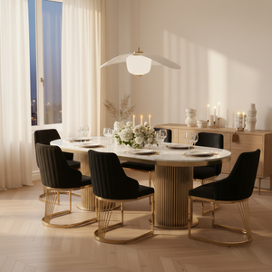 Luca Marble Dining Table and Lanvin Black Gold Chairs Candlelit Evening Dinner Setting