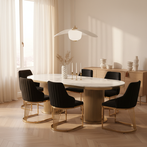 Luca White Marble Oval Dining Table with Lanvin Black Gold Velvet Dining Chairs - Luxury Dining Set Hero