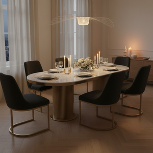 Luca Marble Dining Table and Faith Black Velvet Gold Chairs Candlelit Evening Dinner Setting