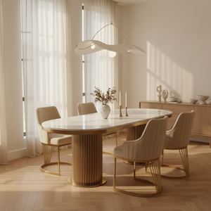 Luca White Marble Oval Dining Table with Lanvin Cream Gold Velvet Dining Chairs - Luxury Dining Set Hero