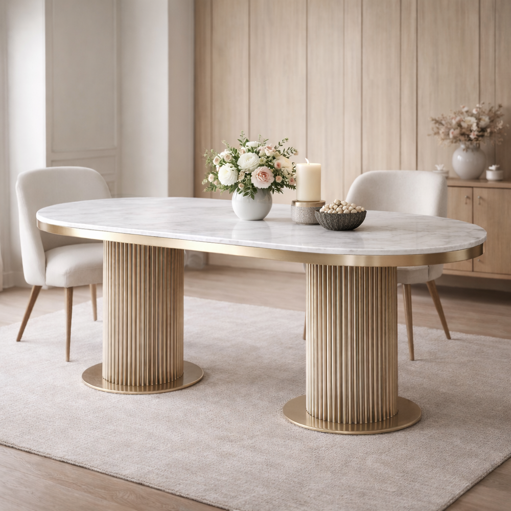 Elegant dining table with marble top and gold cylindrical legs in a modern room.