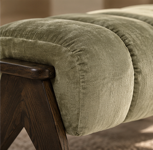 Henry Sage stool detail with sage-green upholstered cushion and dark wood frame