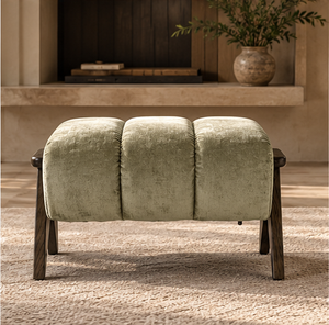 Henry Sage stool with three padded sage-green sections and dark wood legs