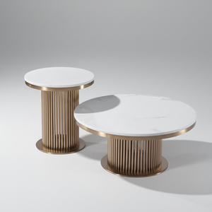 Two modern round coffee tables with white marble-look tops and fluted metallic bases, shown on a clean white background.